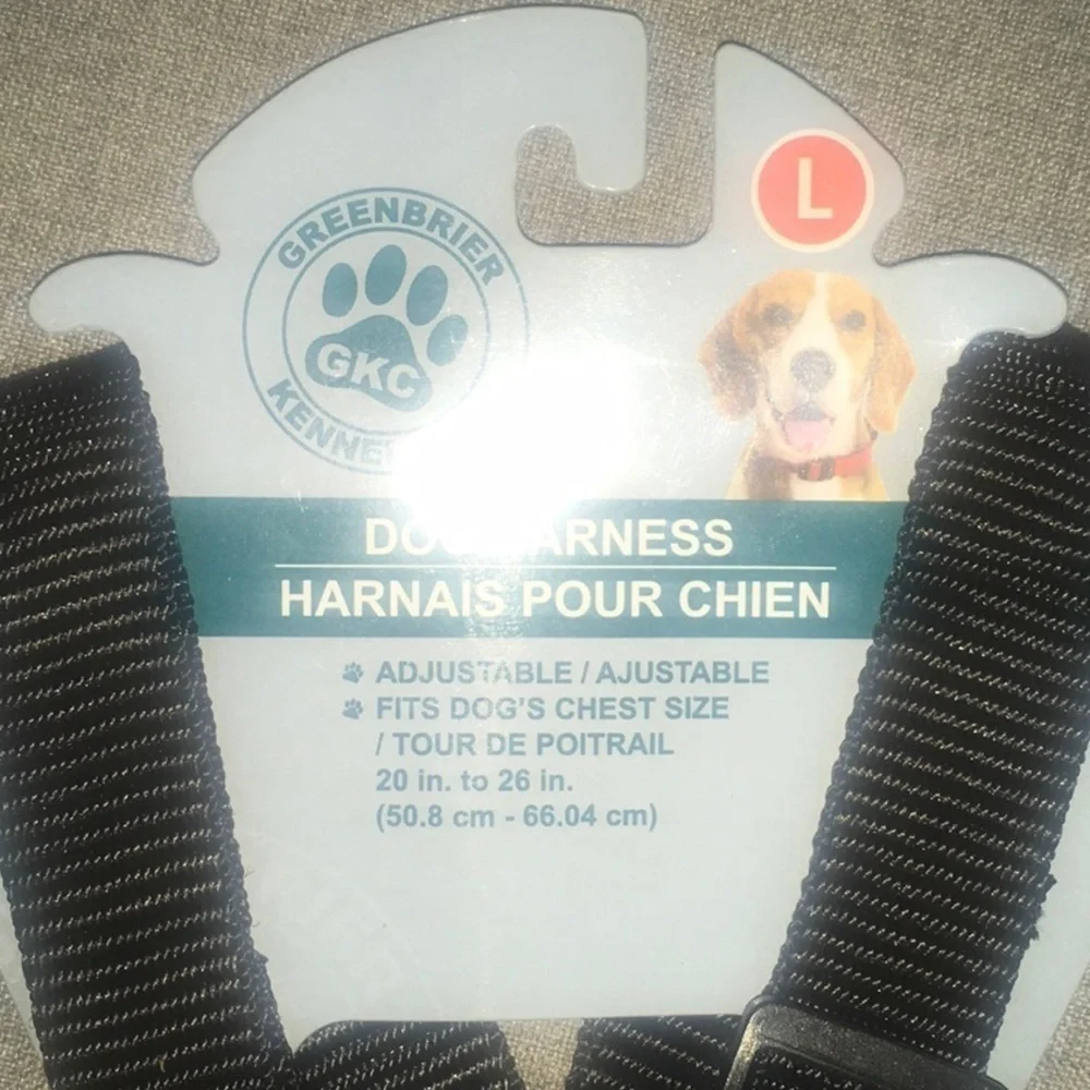 Dog Harness size Large adjustable fits dog’s chest size 20” to 26” says